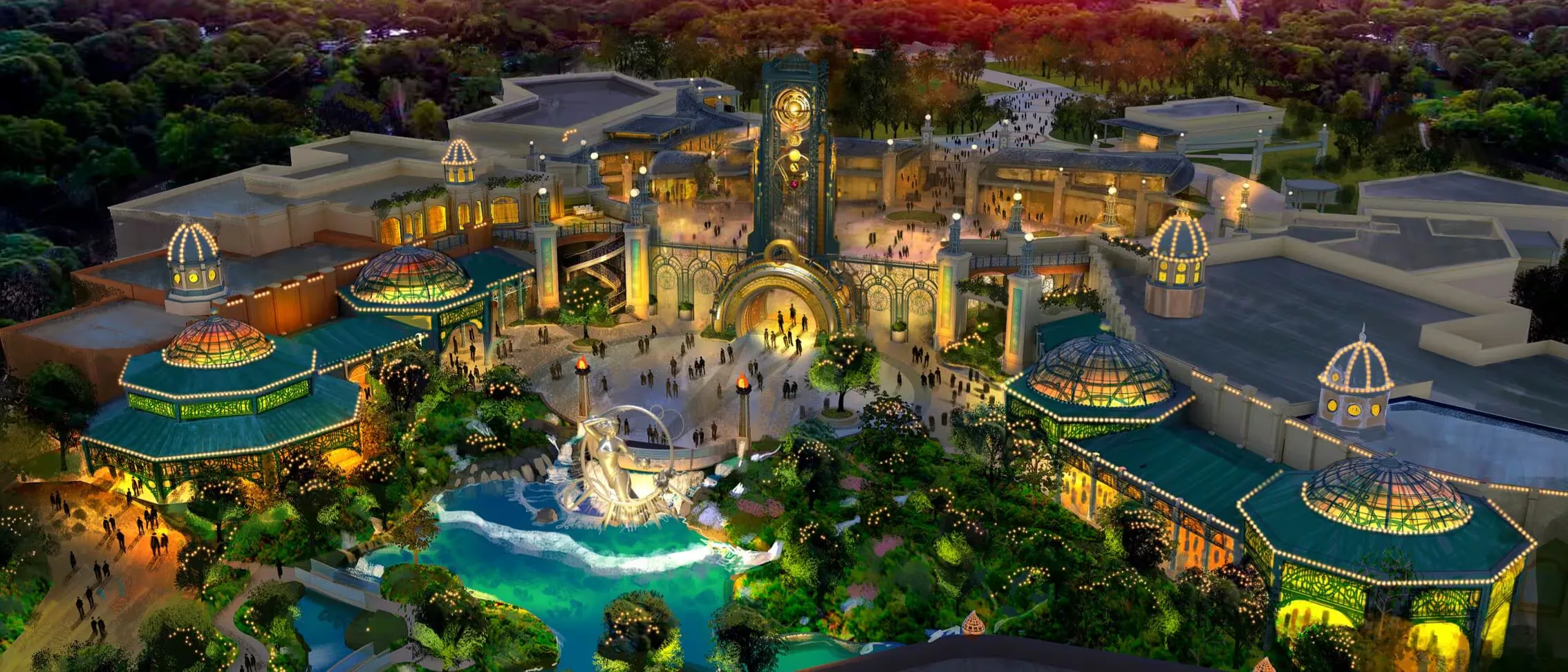 Celestial Park en Epic Universe de noche con iluminación espectacular