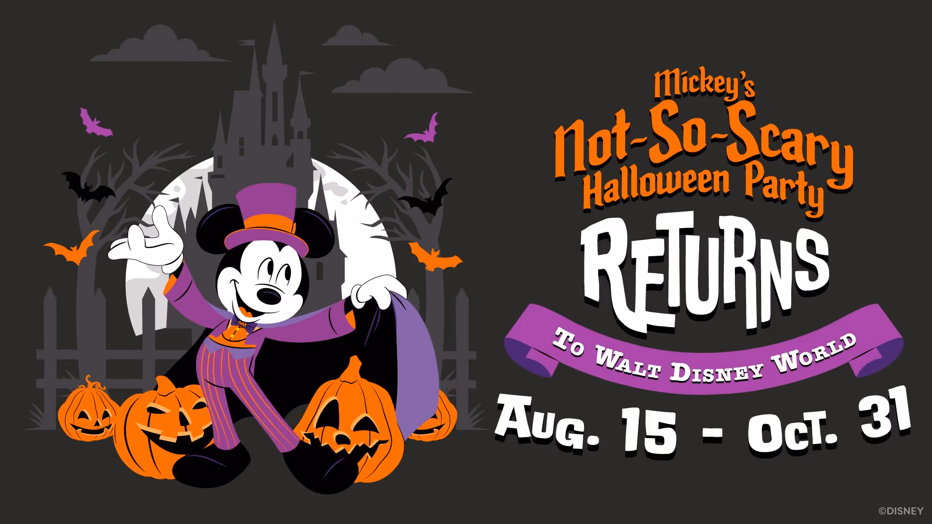 Flyer sobre la fiesta de halloween de disney orlando 2025 Mickey's Not-So-Scary Halloween Party